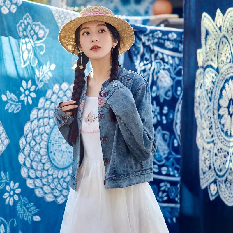 Spring Autumn Short Denim Jacket Women 2026 New Single-Breasted Stand-Up Collar Coat Fashion Embroidery Outerwear Female