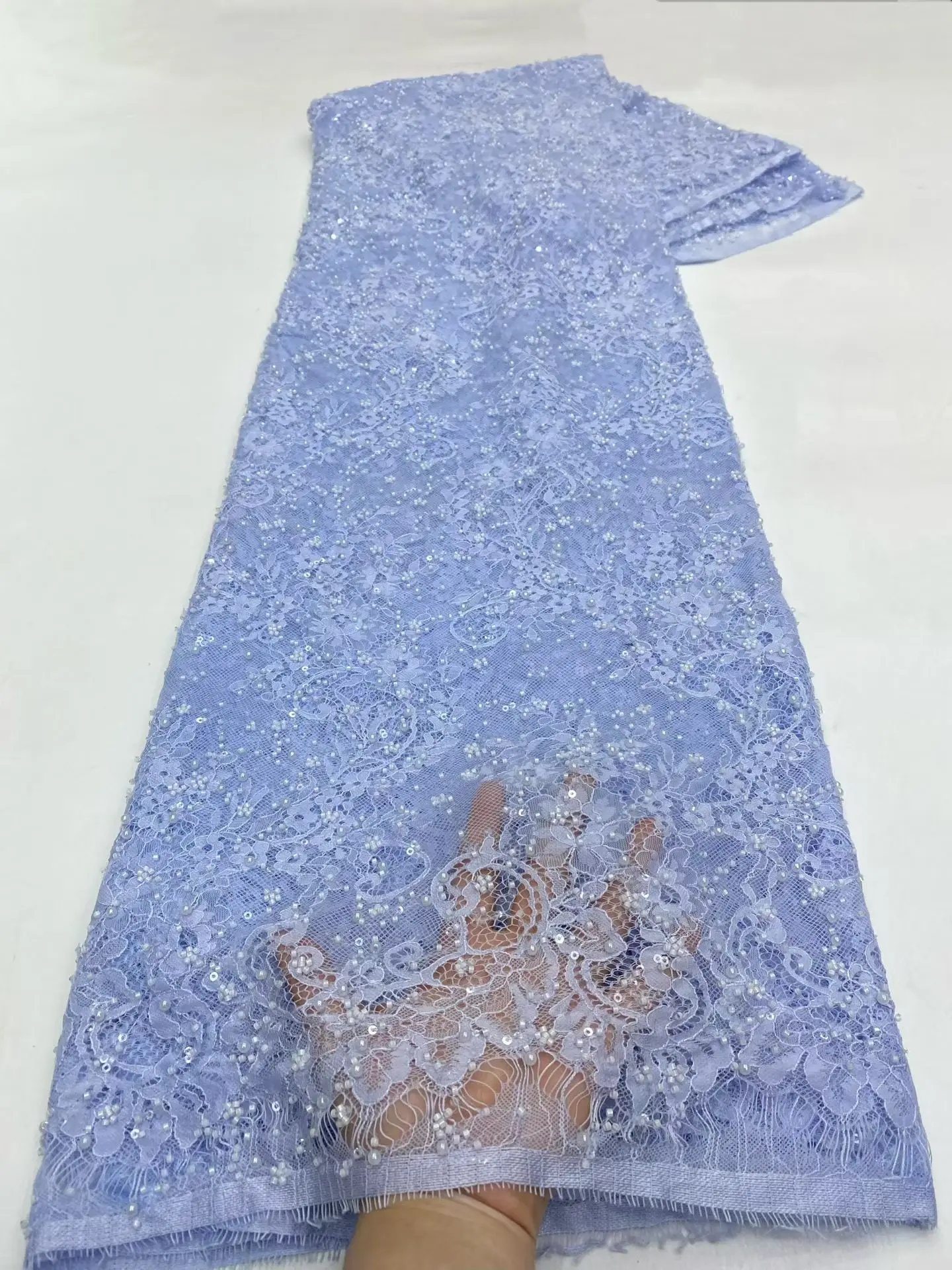 Off White Color and Silver Line Lace Fabric For Wedding Dress, With Beads and Sequins, DIY Children's Clothing, Width 120cm