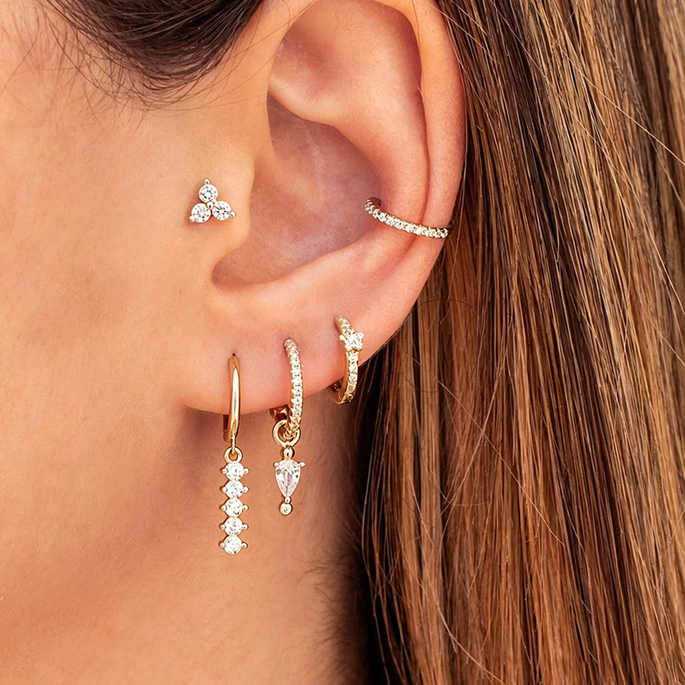 

Gold Plated Clear CZ Earring Set Stud Hoop Dangle Drop Earrings for Women Stackable Multi piercing Minimalist Jewelry Gift