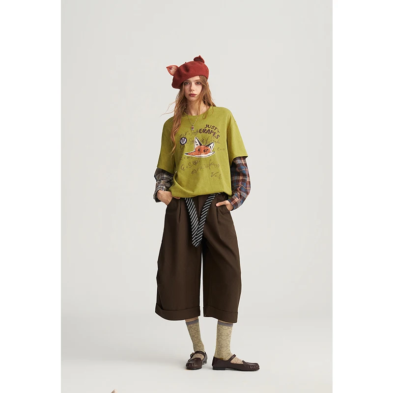ELFSACK Women Vintage Cropped Balloon Pants, Loose Pleated Capri Trousers with Roll‑Up Hem for Fall Daily Casual Wear