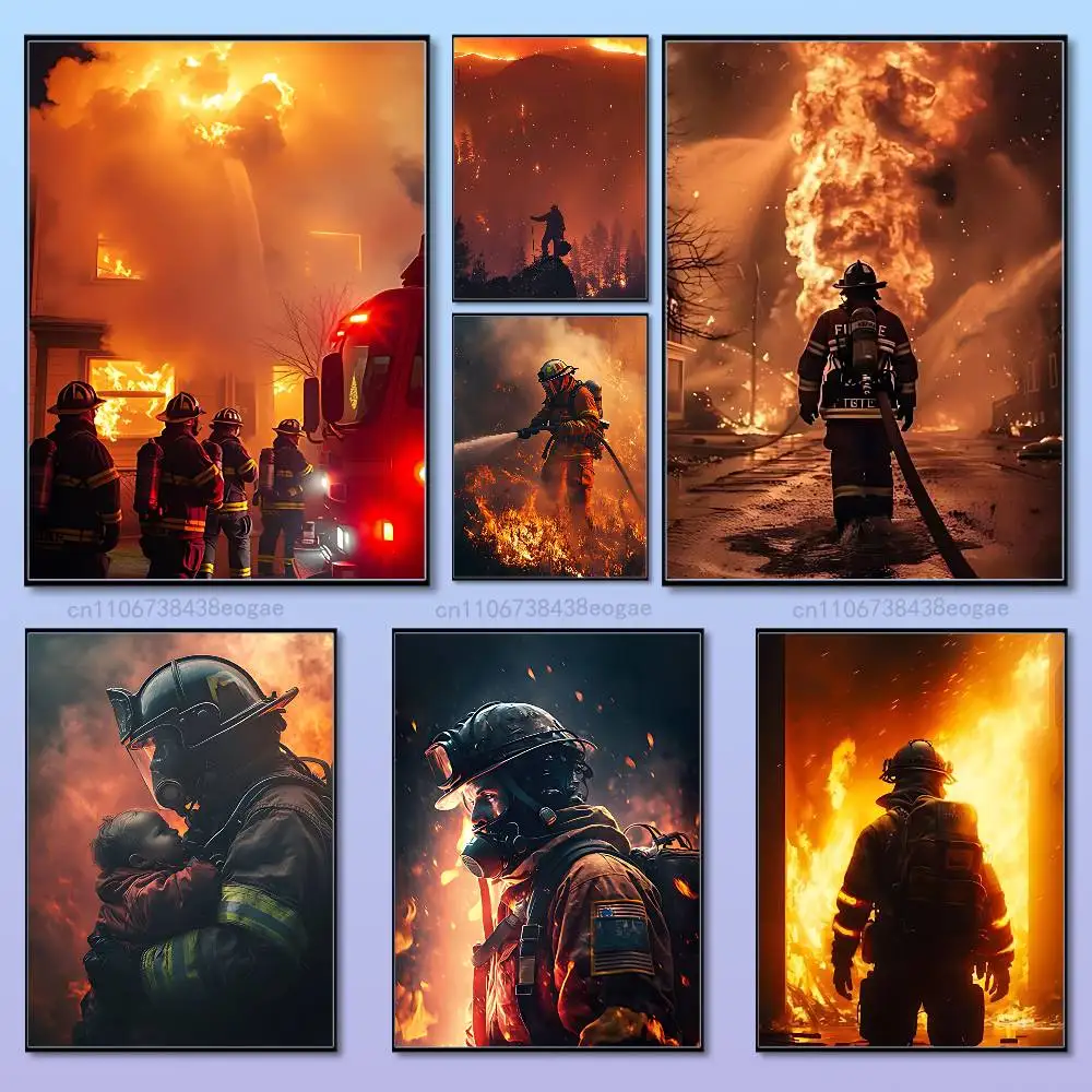 

Fire Safety Firefighter Poster HD Art Sticky Wall Cafe Bar Room Modern Home Living Room Bedroom Wall Decoration