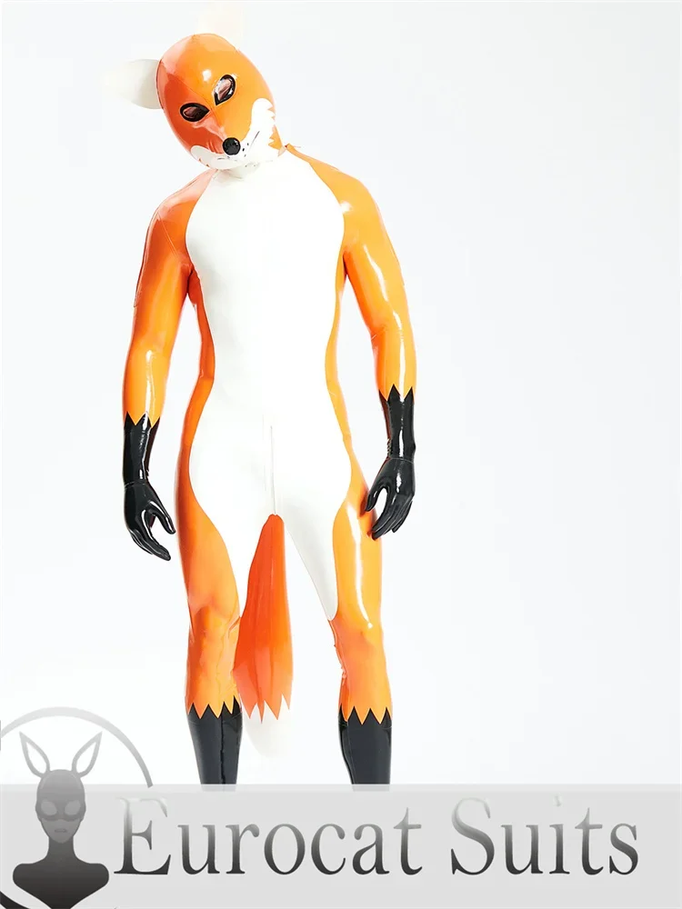 latex fetish hood Eurocat suitsbodysuitrubber catsuits  clubwearing Male 'Fox Trotter' Shoulder-Zipper Catsuit  Inflatable Tail