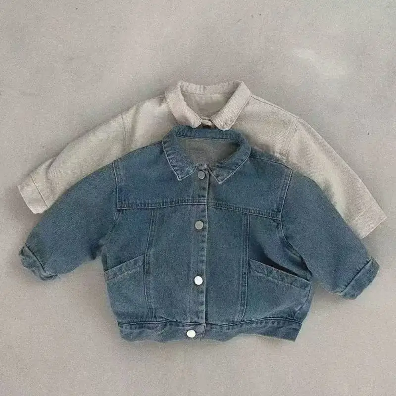 

Children Denim Coat Spring Autumn New Handsome Fashion Lapel Boy's Coat Pocket Girl's Jacket Denim Cardigan