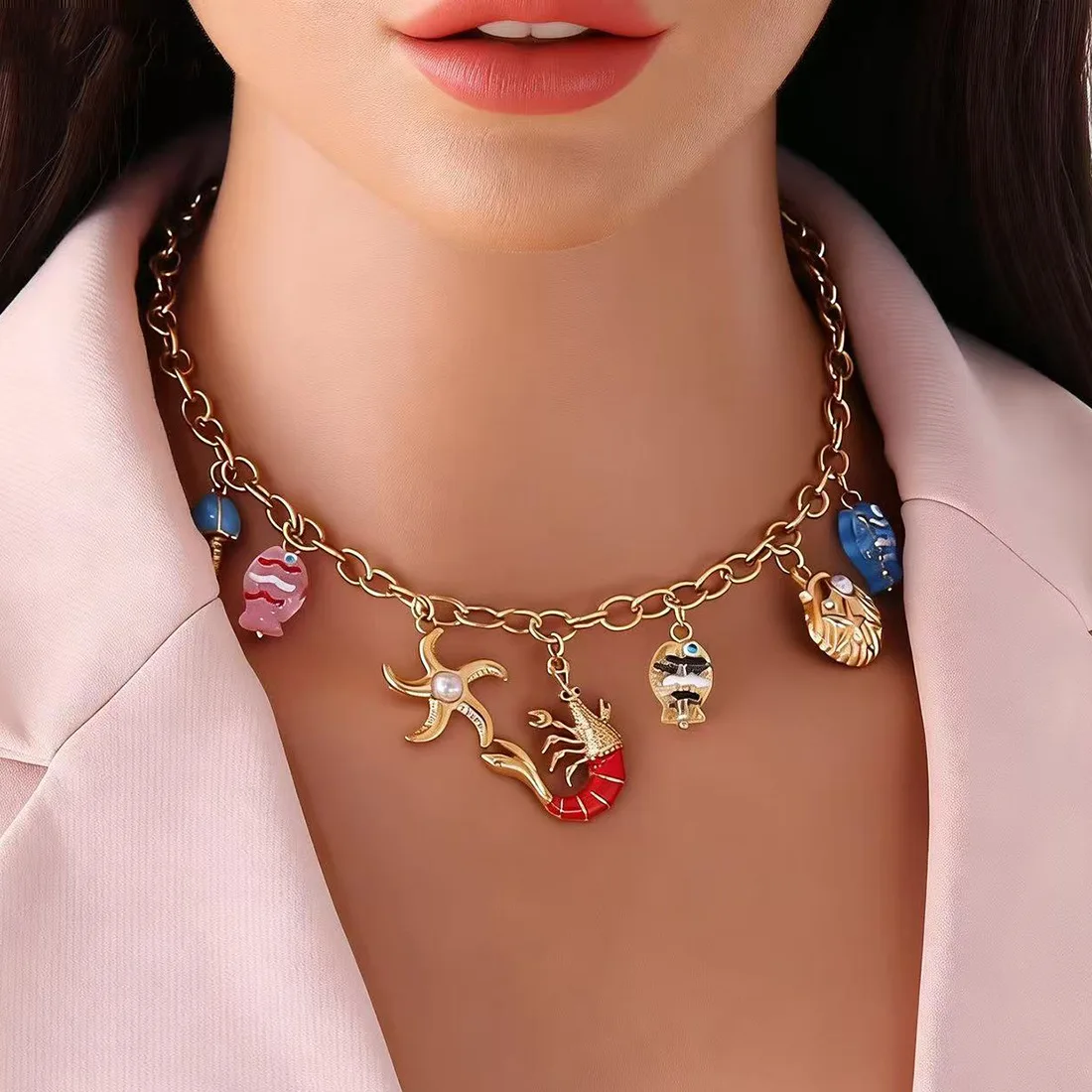 Ocean Shrimp Crab Fish Shell Multi-element Necklace Unique Vacation Stainless Steel Neck Jewelry