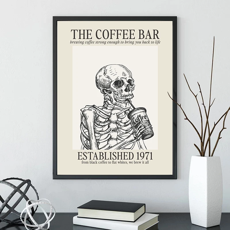 Minimal Coffee Cup Line Art Skeleton Coffee Bar Canvas Printing Poster Wall Art Picture for Kitchen Cafe Decor Coffee Lover Gift