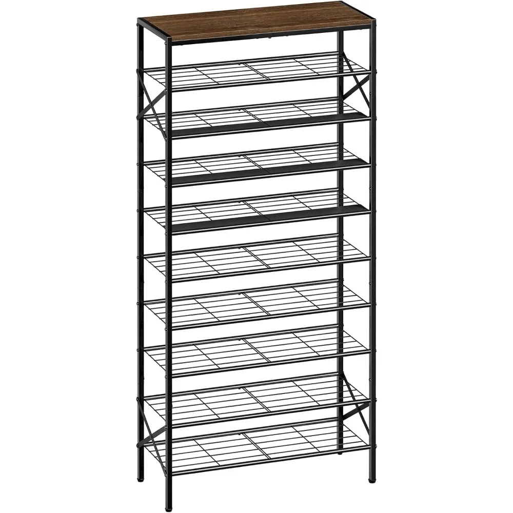 

10-Tier Tall Shoe Rack Organizer - Heavy-Duty Metal Shoe Storage for 30-40 Pairs with Wood Top - Perfect for Entryway and Closet