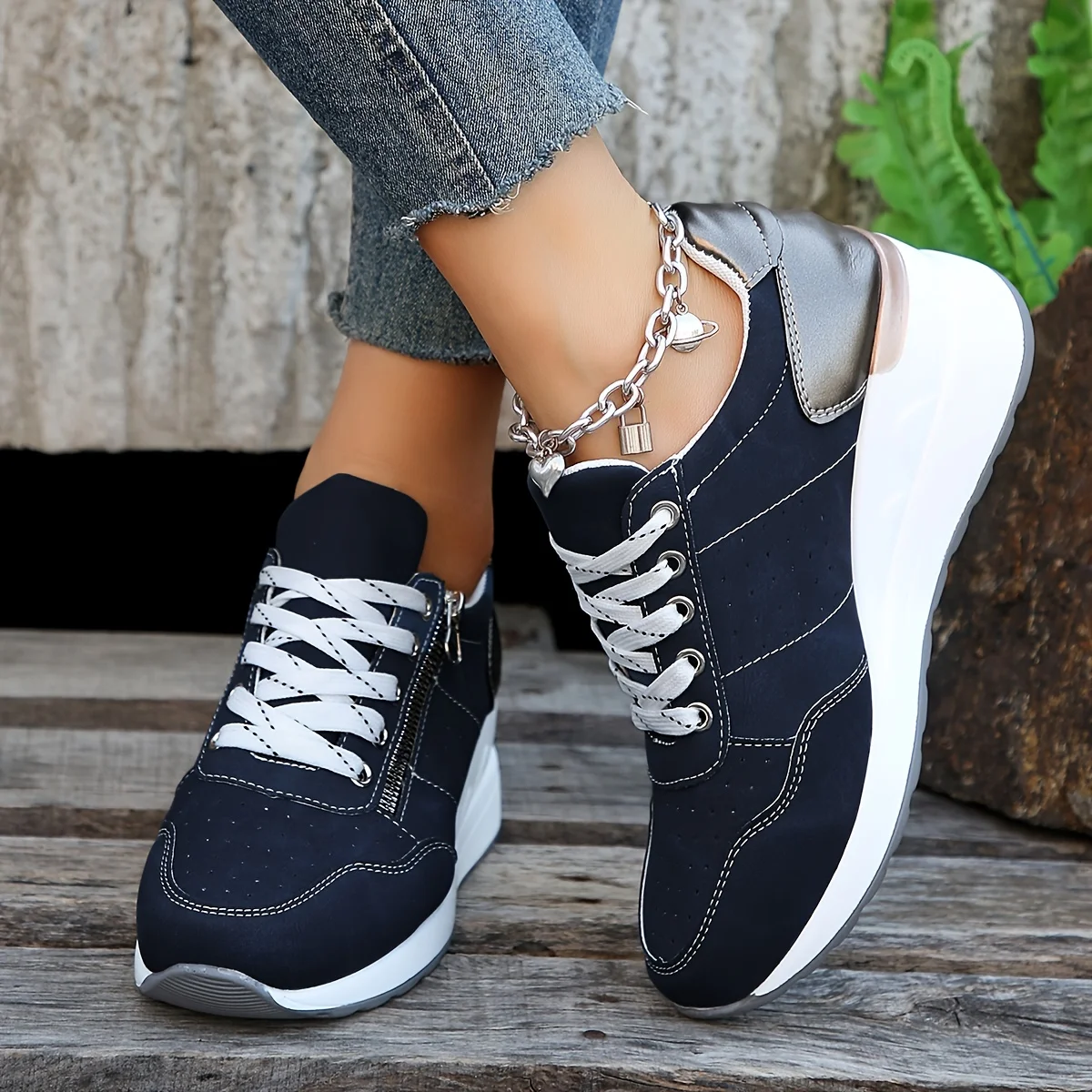 Solid Color Casual Sneakers, Lace Up Breathable Soft Sole Sporty Strainers, Lightweight Low-top Wedge Shoes Sofa living room