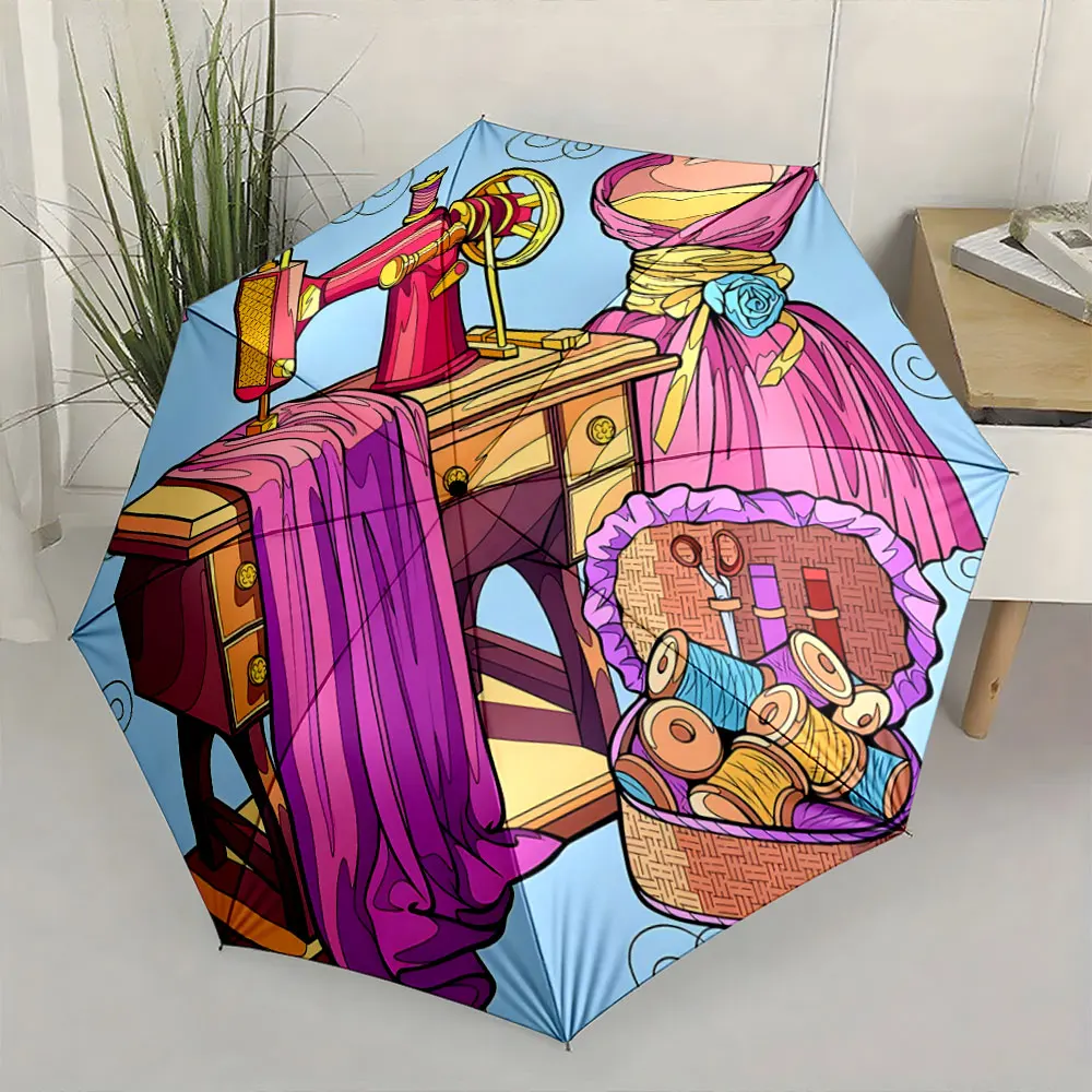 1PC Vintage Sewing Machine Art Umbrella Design Print 8 Iron Ribs Folding Umbrella Auto-Open Fashion Sunshade