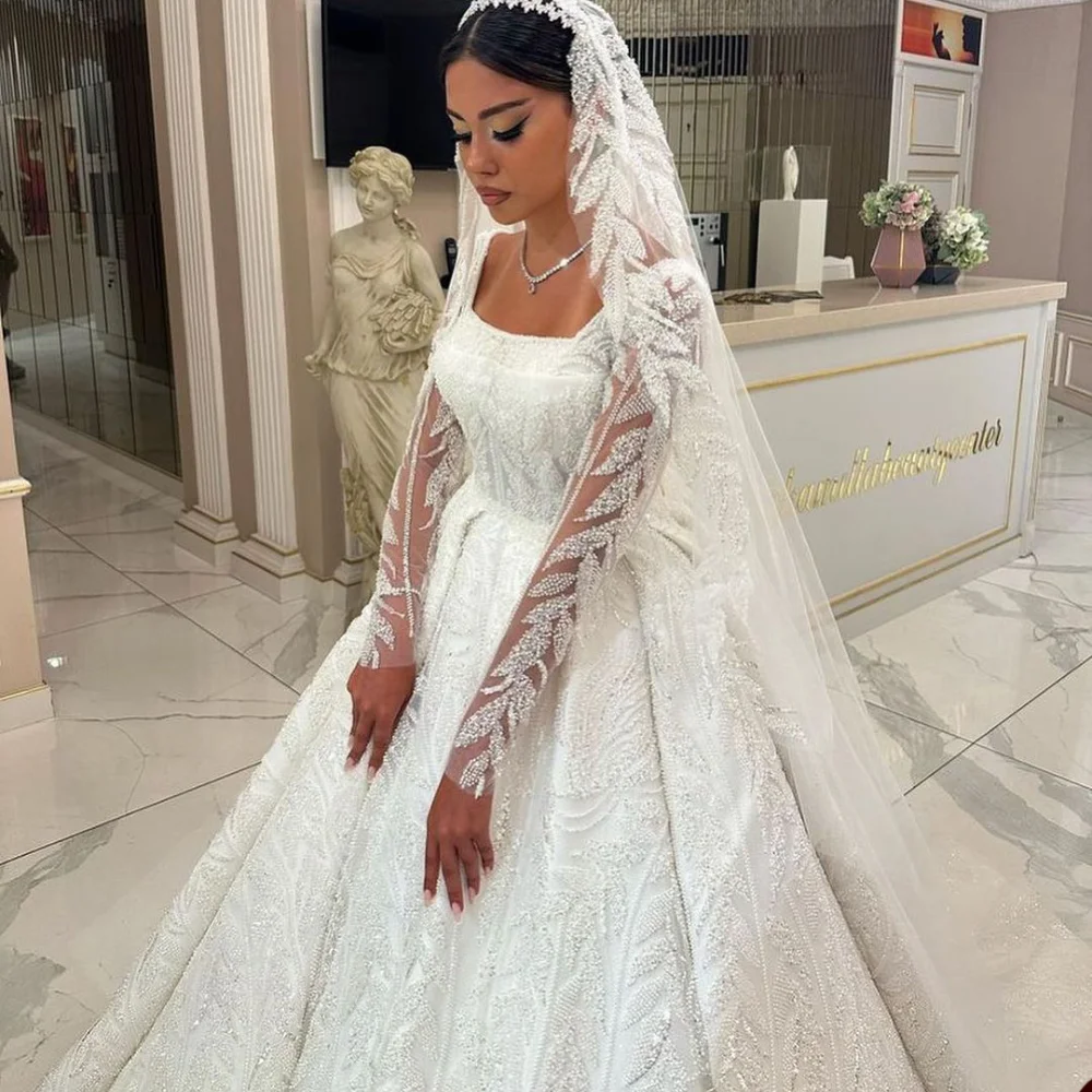 Luxury Dubai Sequins Beading Wedding Dresses Long Sleeves Bridal Ball Gowns Custom Made Dress Vestido De Novia