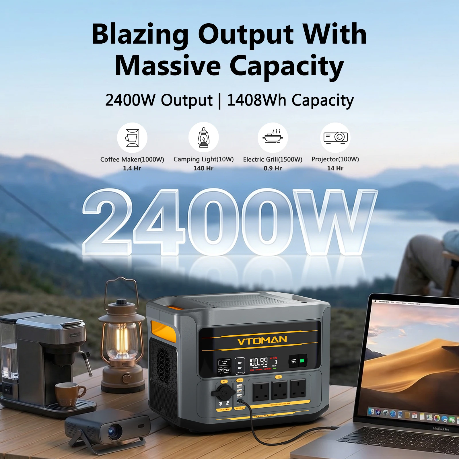 VTOMAN FlashSpeed 2400 Portable Power Station, 2400W 1408Wh LiFePO4 UPS Power Supply, Max 600W Solar Input, Expandable to 2688Wh, 12 Output Ports, Built-in Car Jump Starter for Camping Home Emergency Backup