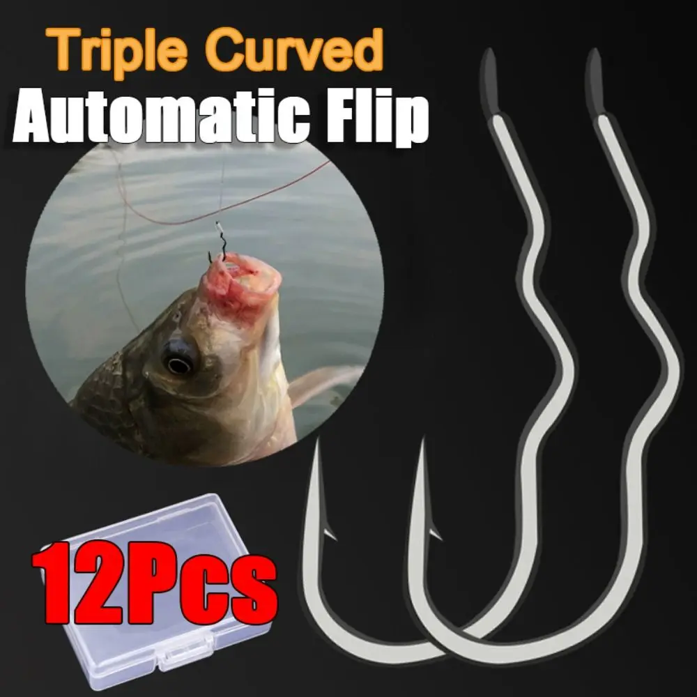 12Pcs/Box High Carbon Steel Triple Curved Fishing Hook Sharp Barbed Anti Slip Automatic Flip Fishhook Fishing Tackle Carp