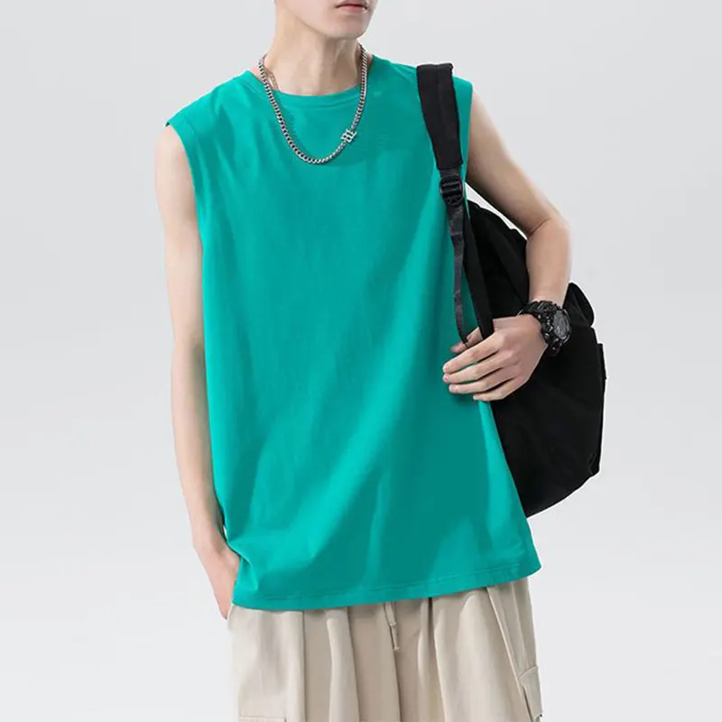 Elegant Fashion Harajuku Slim Fit Male Clothes Loose Casual All Match Sport Tshirts Solid O Neck Insert Sleeveless Tank Tops