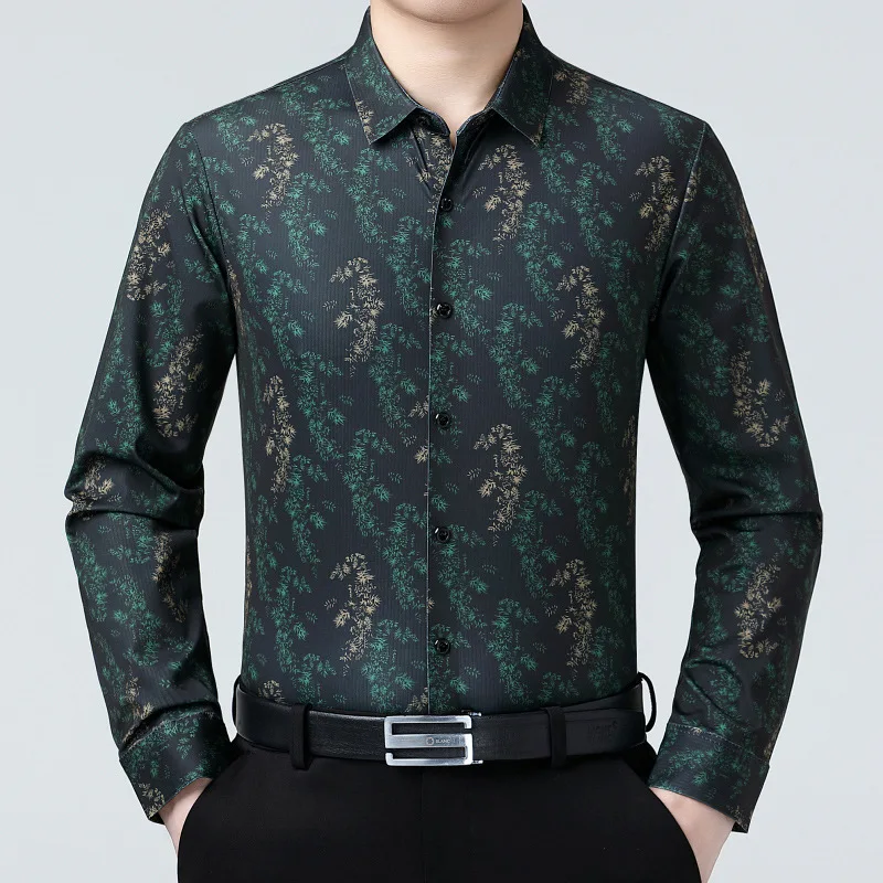 

Мужская рубашка с длинным рукавом для весны и осени, деловая повседневная рубашка для мужчин среднего возраста, шелковая рубашка с узором