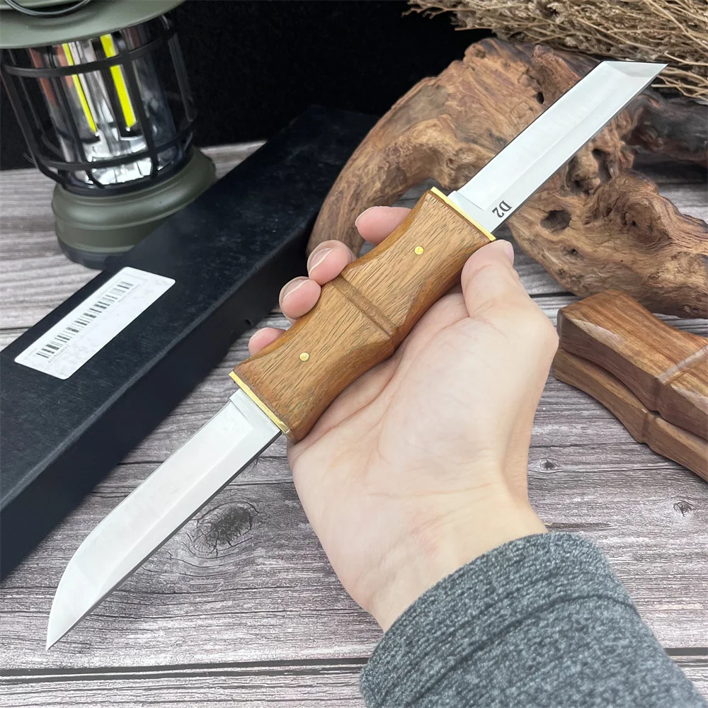 Tough Outdoor Fixed Blade Knife with D2 Steel Blade & Rosewood Handle, Ideal for Camping, Bushcraft, and Rugged Backcountry Use