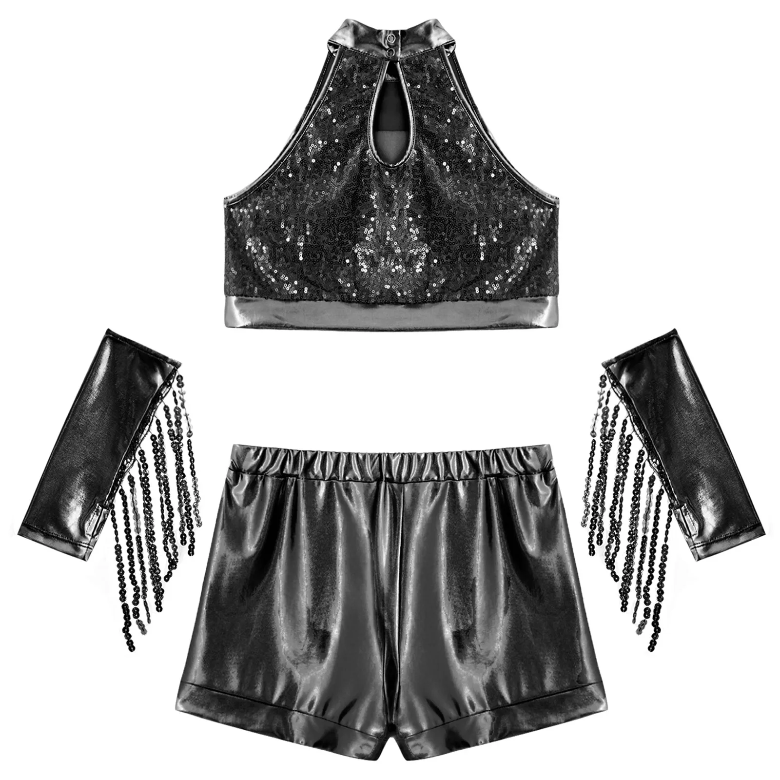 Costumi da ballo jazz lucidi per ragazze per bambini Set di abbigliamento da ballo per cheerleader Abiti da cheerleader metallizzati per bambini Abiti hip-hop per adolescenti