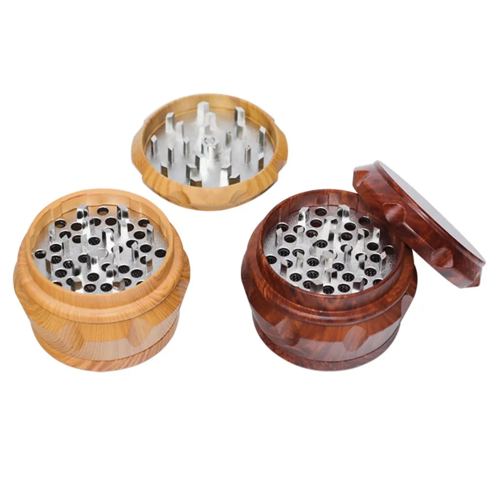 40/50/60mm Yellow and Red Wood Grain Grinder, Smoke Grinder Drum Type，Zinc Alloy Smoke Breaker