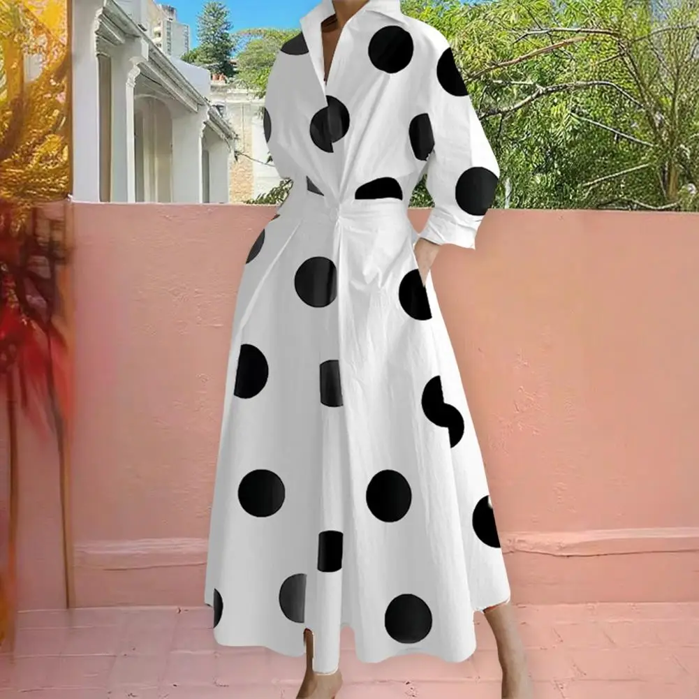 2025 Casual Loose Dress Elegant Women Dress Boho Polka Dot Maxi Dress with V-neck Collar Long Sleeves Women's Wrap for Women's