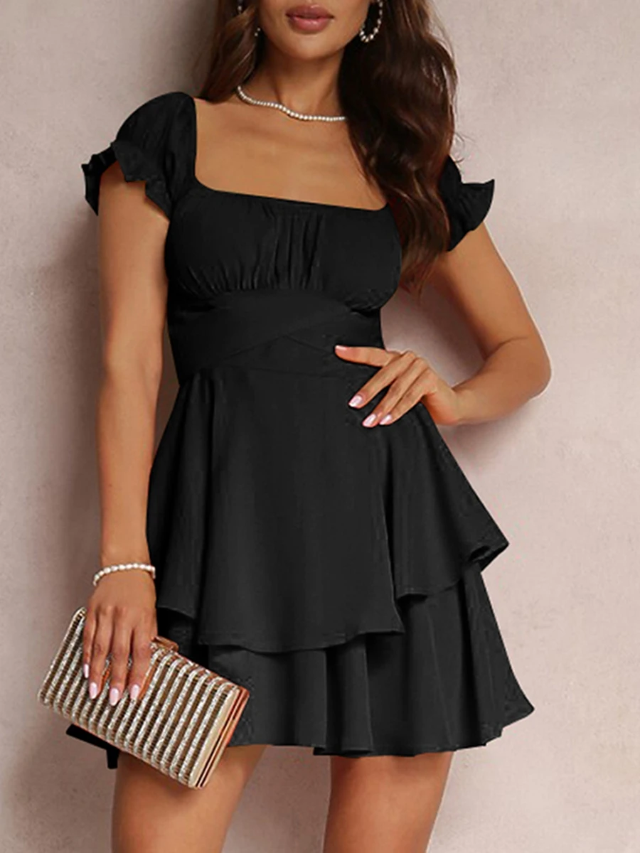 

Dourbesty Women's Mini A-Line Dress Solid Color Ruffled Sleeves Square Neck Layered Hem Dress