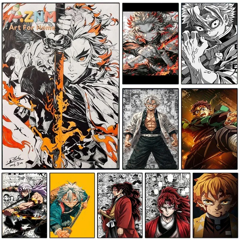 Demon Slayer Anime Canvas Wall Art Rengoku Sanemi Tengen Yoriichi Tanjiro Poster Unframed Canvas Painting Manga Sketch Home Room