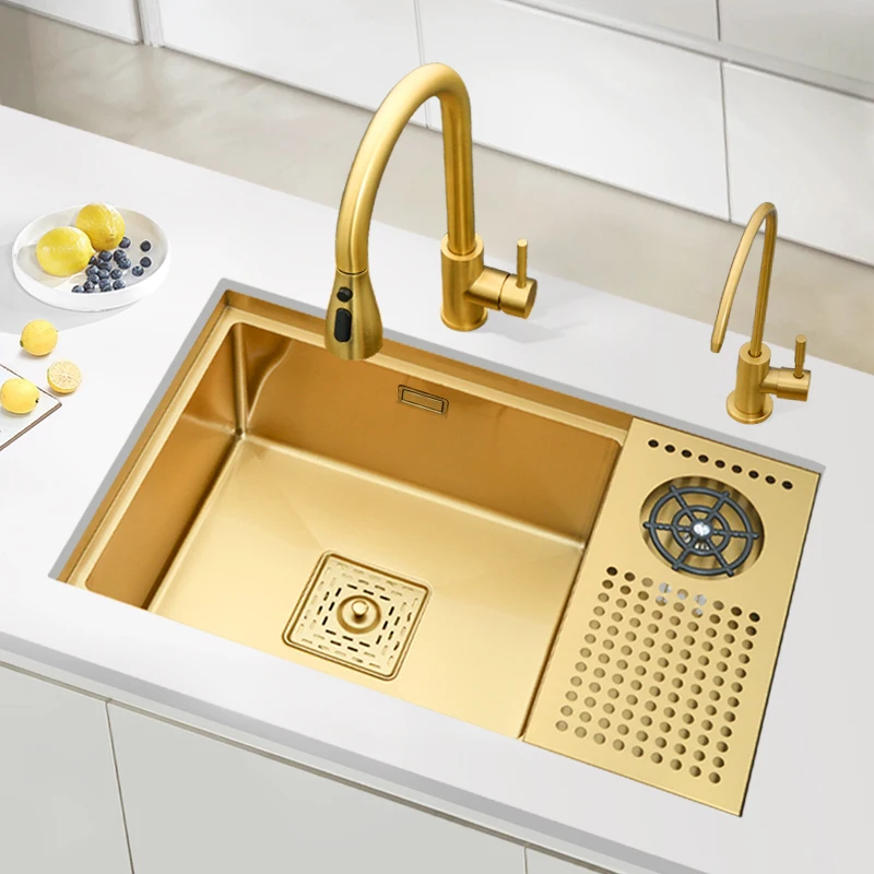 Golden island bar invisible high-pressure cup washer sink single tank 304 stainless steel vegetable sink basin kitchen