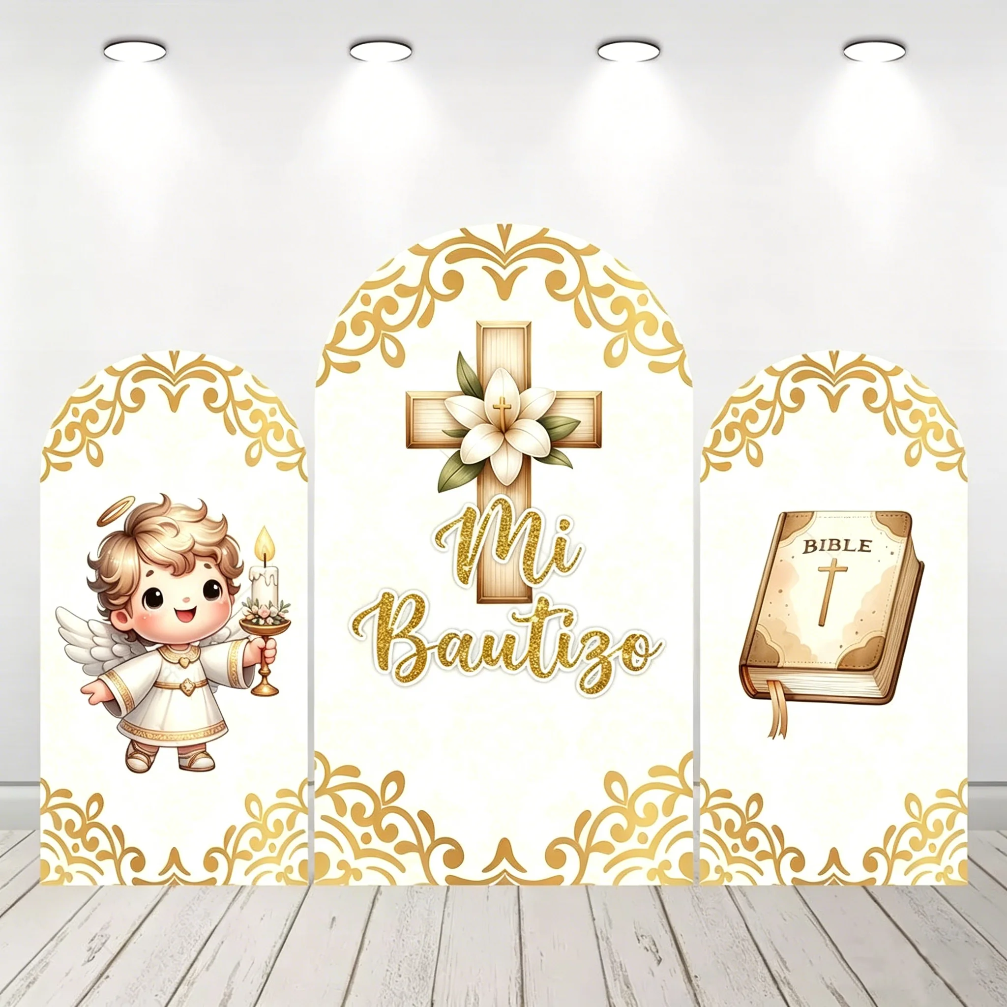 

LS First communion Baby Shower Arch Cover Backdrop Mi Bautizo Angel Cross Floral Background Baptism Gender Reveal Photo