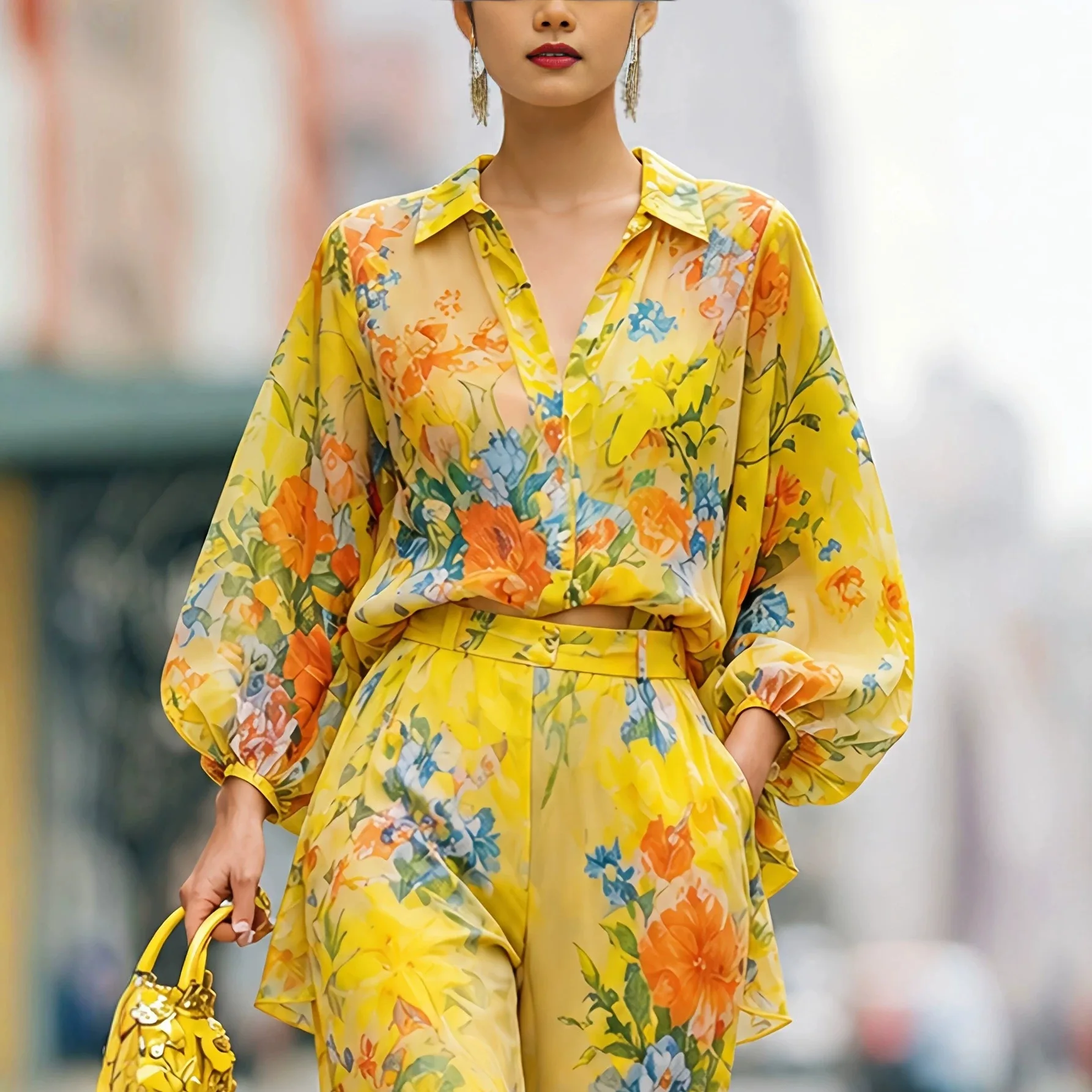 Wide Leg Palazzo Pants - Floral Print Two-Piece Set for Women