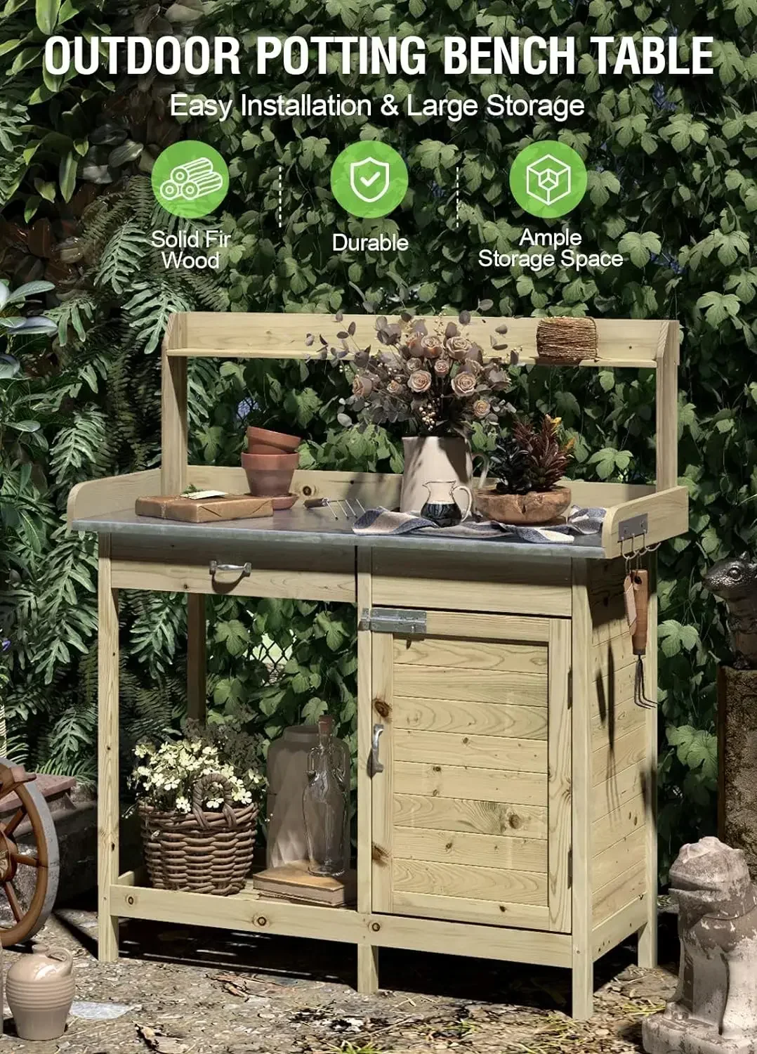 Wooden Potting Bench Tables Fir Work Station Table Outdoor Garden Potting Table with Cabinet Hook Storage Bottom Shelf