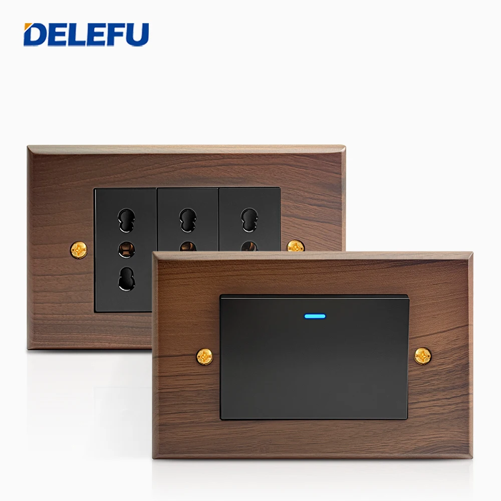 DELEFU Walnut Wood Solid Panel Italy Standard 118mm Wall Socket Fast Charging USB TypeC Retro Switch Black Chile Schuko 20w AC image 5