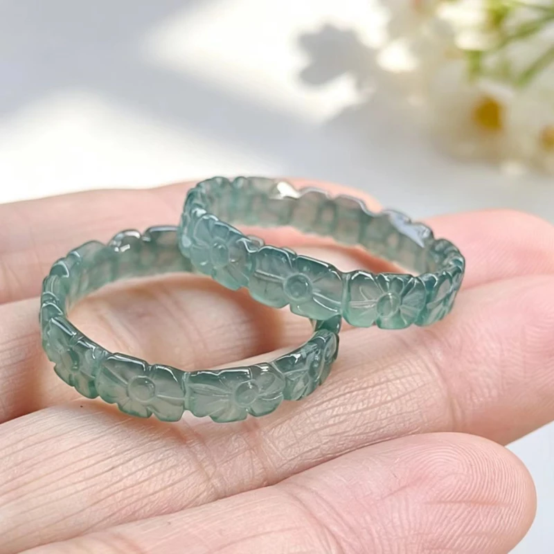 Anillos de Jade Natural de Grado A, Color Azul Agua, con Diseño Tridimensional de Flor de Durazno, Jadeíta de Hielo, Personalizados, para Parejas, Hombre y Mujer, Regalo