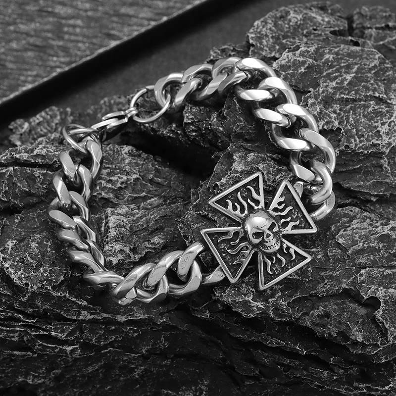 Vintage Stainless Steel Gothic Cross Skull Bracelet Men\'s Motorcycle Rider Rock Party Jewelry