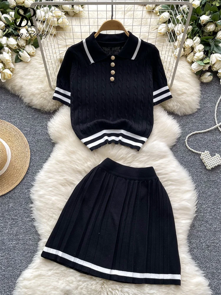 SINGREINY Summer Newest Knitting Two Pieces Sets Button Vintage Basic Tops+High Waist Pleated Skirt Women Fashion 2pcs Suits