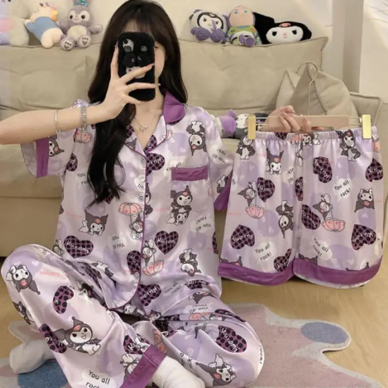 

3 шт. пижамный комплект Sanrio Kuromi из ледяного шелка, новый летний комплект домашней одежды с короткими рукавами для девочек, подарки на открытом воздухе, домашняя одежда