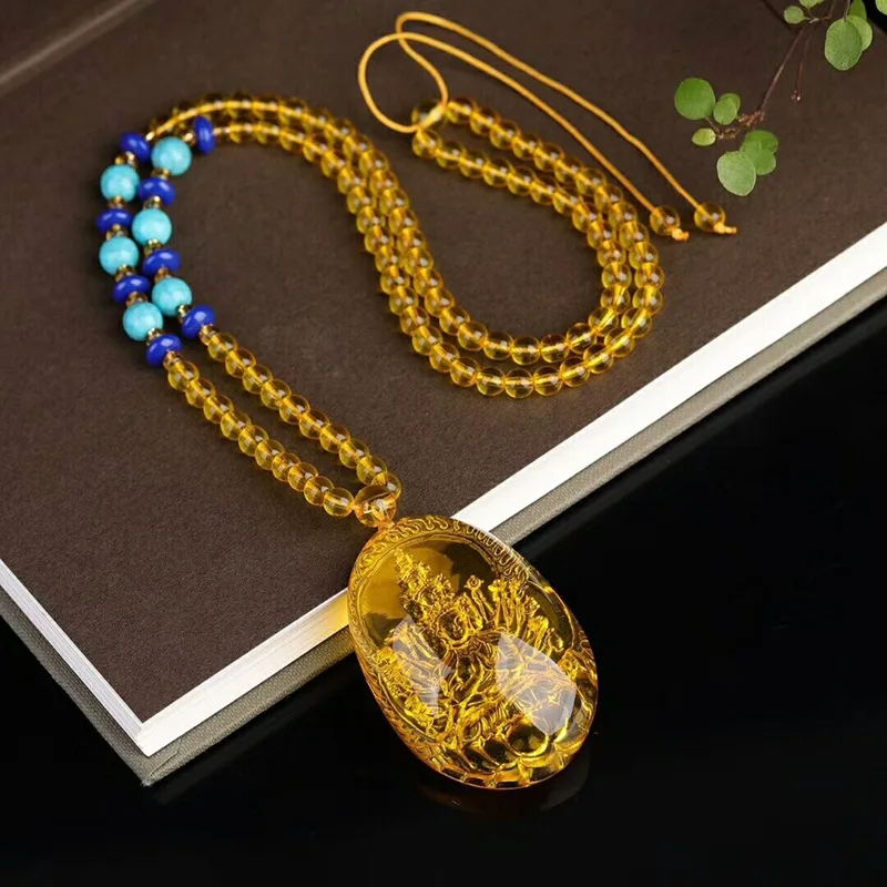 Natural yellow stone guardian deities Thousand handed Goddess Mercy Bodhisattva Rat Zodiac Pendant Sweater Necklace Pendant