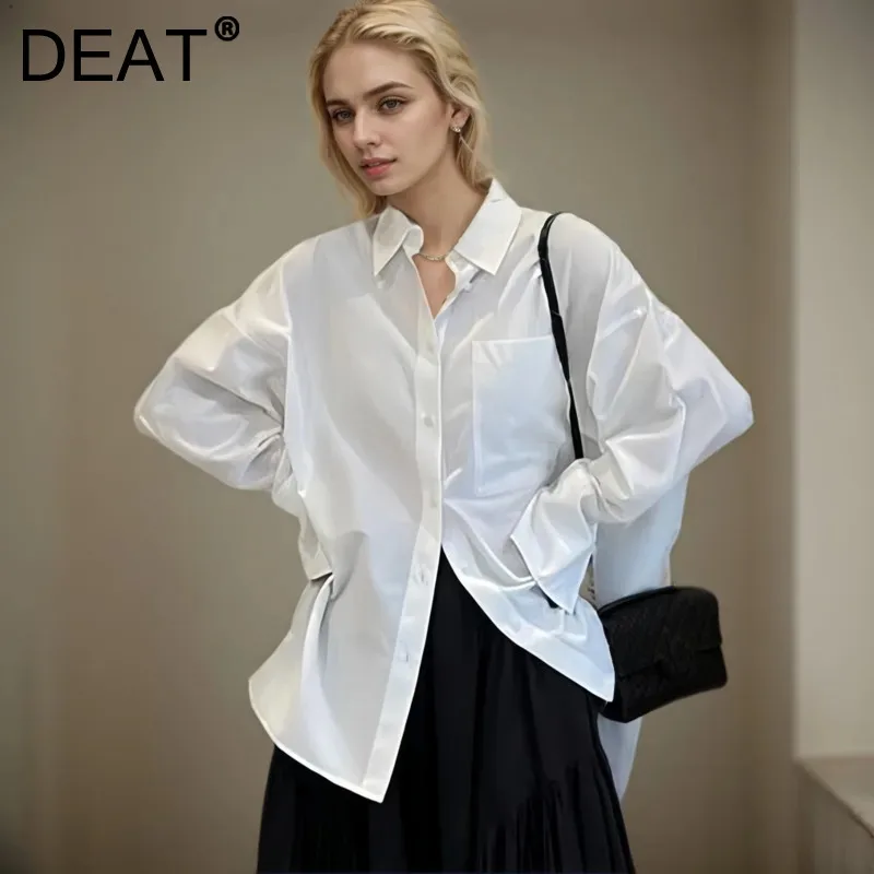 DEAT Fashion Shirt Women's Lapel Loose Fit Single Braested Long Sleeve Pockets Decoration Irregular Hem Blouse New Tide 7AB5049