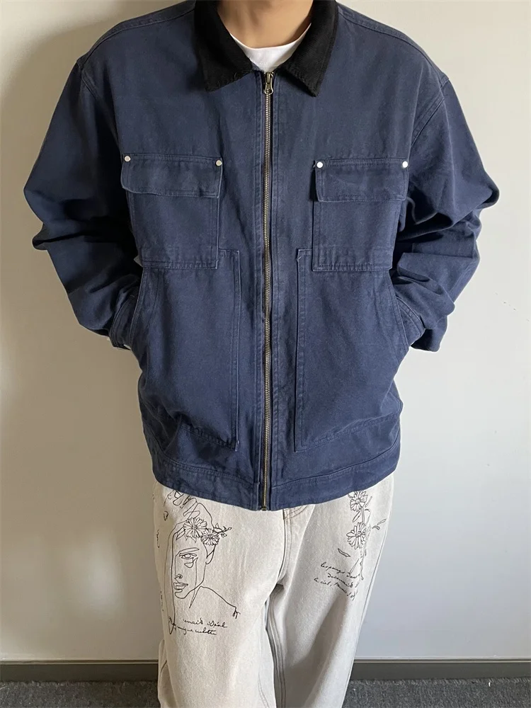 

Retro American Blue ort Collar Jaet Spring Autumn Sle Haome Cleanfit Detroit Workwear Coat for Teen Boys Polyester M...