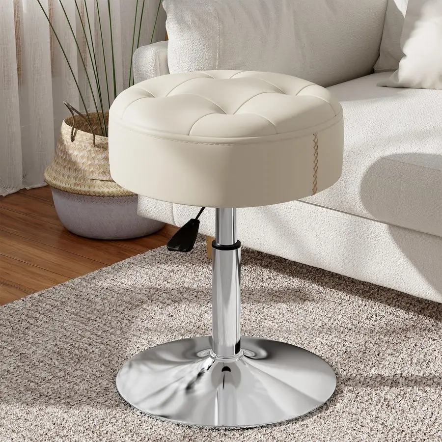 Vanity Stool, HighDensity NonSagging Foam, Heavy Duty Metal Base Vanity Chair, Height Adjustable 360 Swivel Ottoman, White PU Le