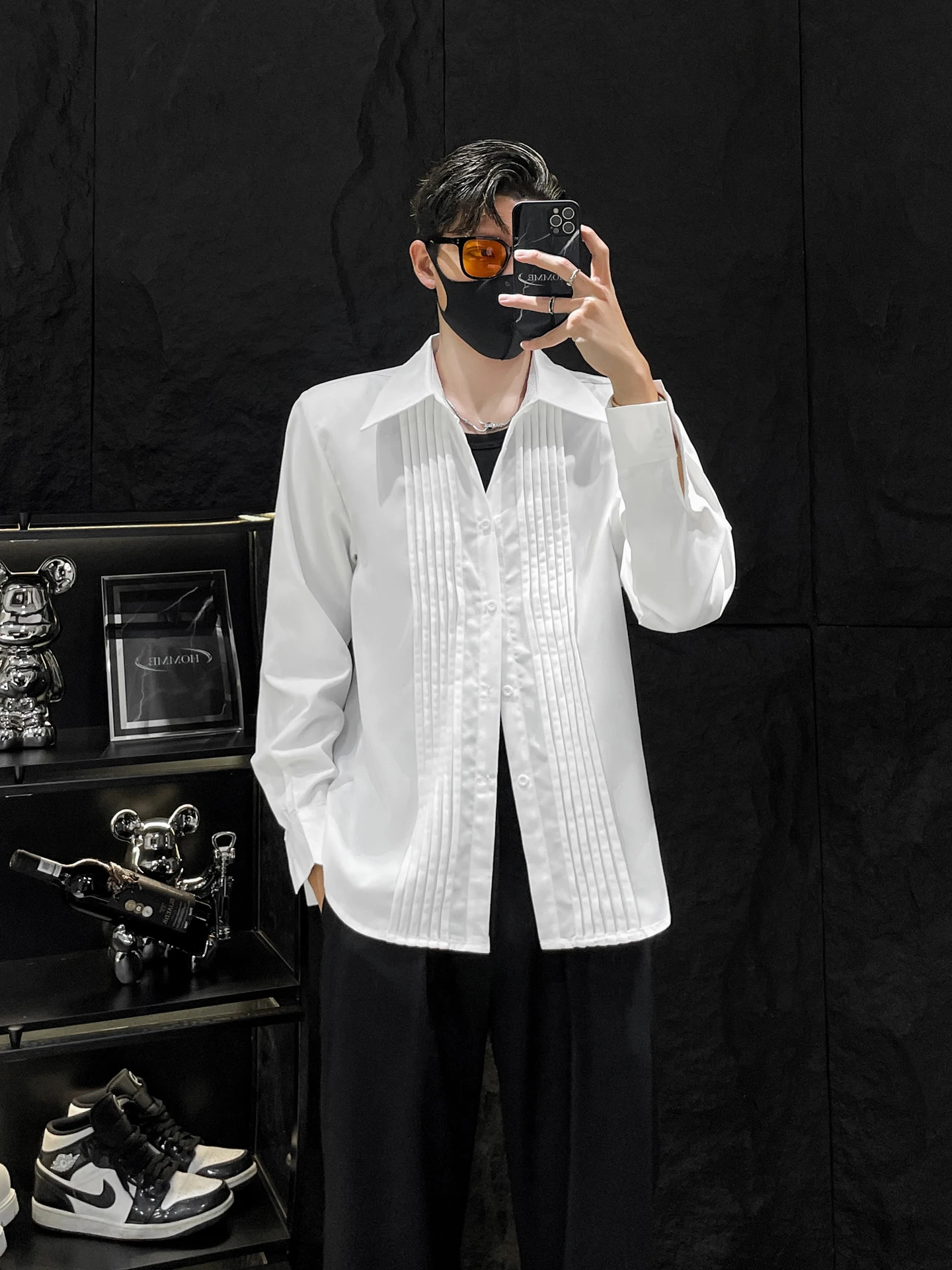 

HOMME White Long Sve irt Men's Spring Autumn oulder Pad Design Crumpled irt Youth Faion Polyester Fiber Non-iron T...