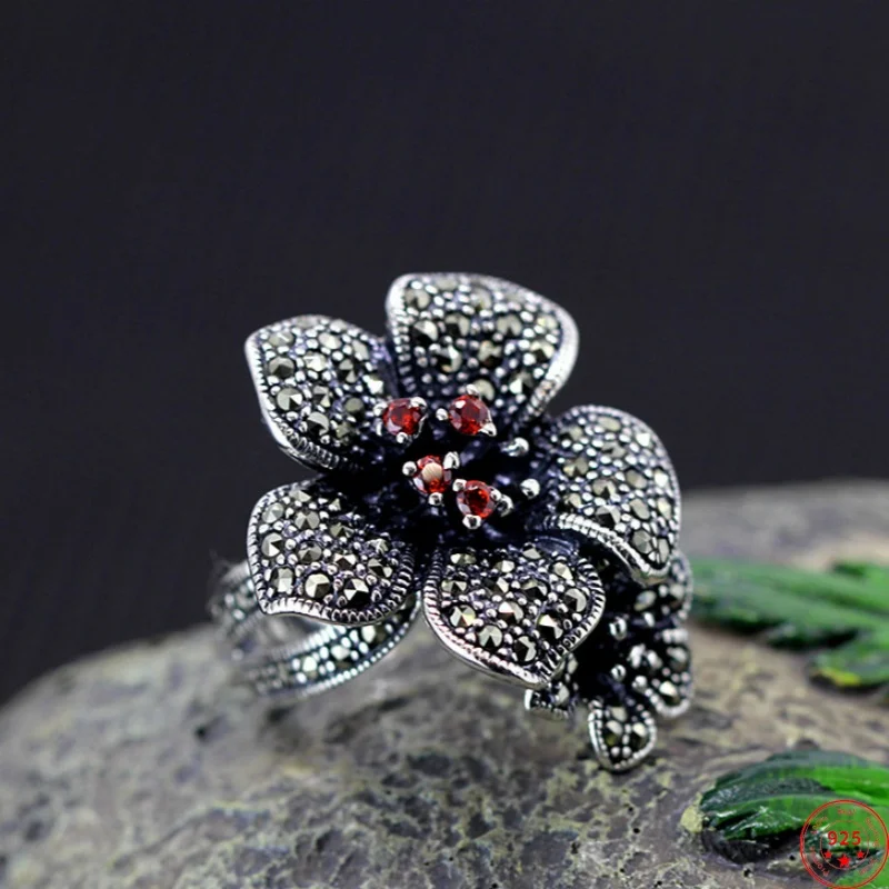 

Genuine S925 Sterling Silver Charms Rings for Women New Fashion 3D Flowers Inlaid Garnet Marcasite Punk Jewelry Free Shipping