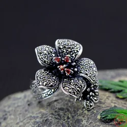 Genuine S925 Sterling Silver Charms Rings for Women New Fashion 3D Flowers Inlaid Garnet Marcasite Punk Jewelry Wholesale