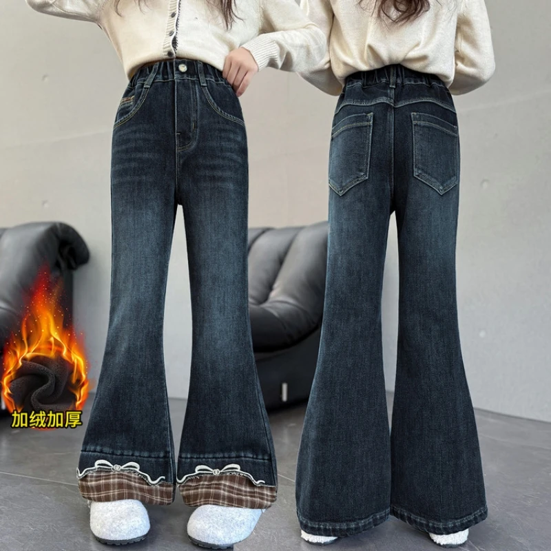 

Girls' Vintage Flared Denim Pants with Plaid Hem, Fitted Flare, Embroidered Fleece-lined Denim Long Pants, Suitable for Youth