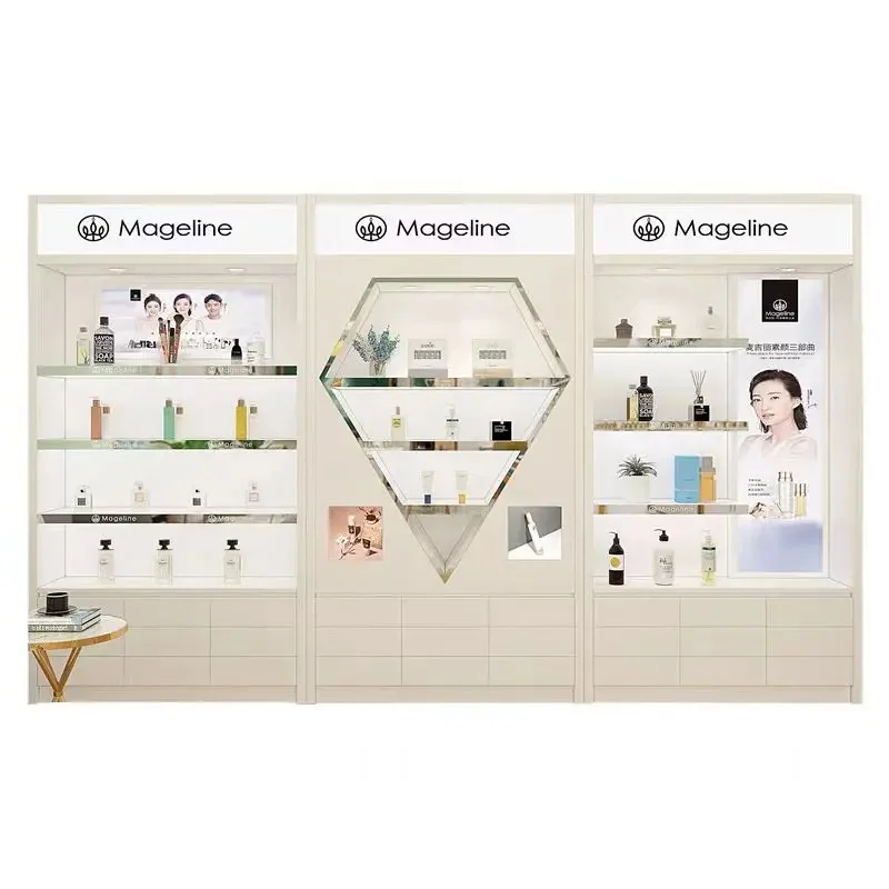 custom.Modern Baking Painting Wooden Makeup Showcases Skincare Display Cabinet Luxury Cosmetic Shop Fixture Design
