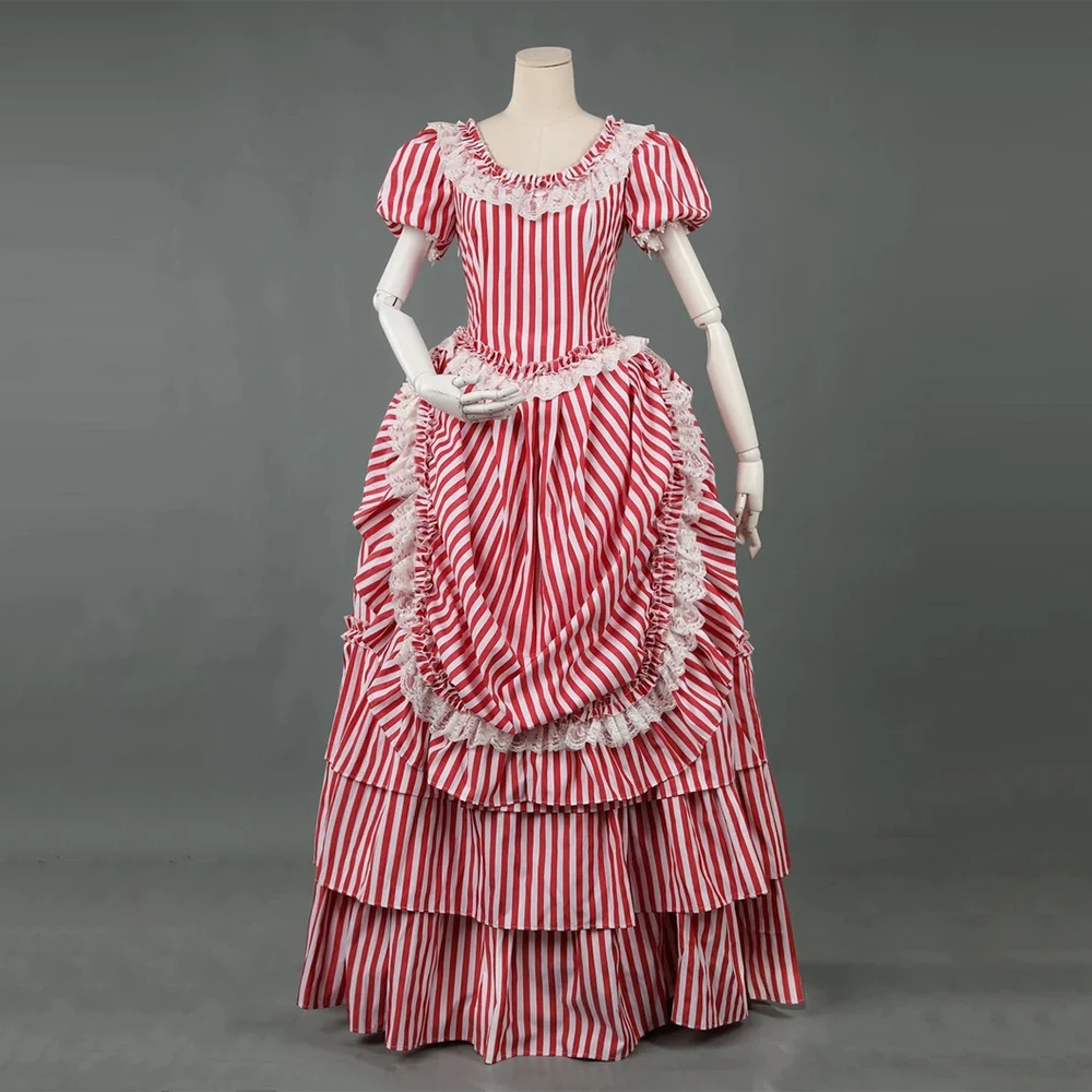

Gothic Red White Stripe Dress Civil War Southern Belle Ball Gown Victorian Rococo Tea Party Manor Costume Theatre Reenactment