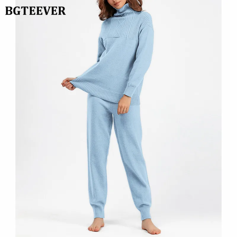 

BGTEEVER Autumn Winter Thicken Warm Sweater Set Women Long Sleeve Half Collar Sweater & High Waist Pants Women Trousers Suits
