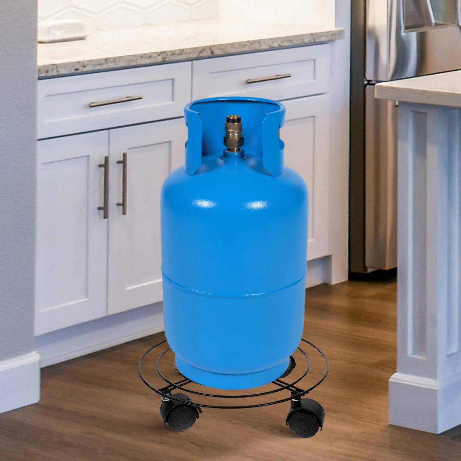 

Adjustable Gas Bottle Holder Iron Cylinder Stand Base Brake Wheels Movable Propane Tank Cart Dolly Home Commercial Easy Assembly
