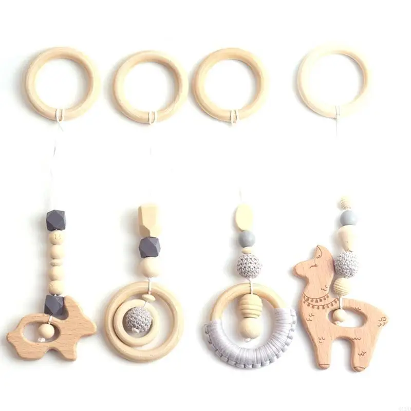 Q22D 4 Pcs Baby Gym Frame Pendants Stroller Rattle Wooden Ring Beads Teether Hanging Mobile Bed Infants Newborn Nursing