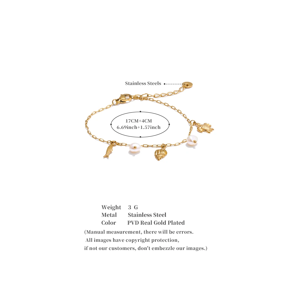 Yhpup Ocean Style Summer Accessories Natural Pearl Shell Fish Drop Chain Bracelet Bangle Stainless Steel High Quality Jewelry