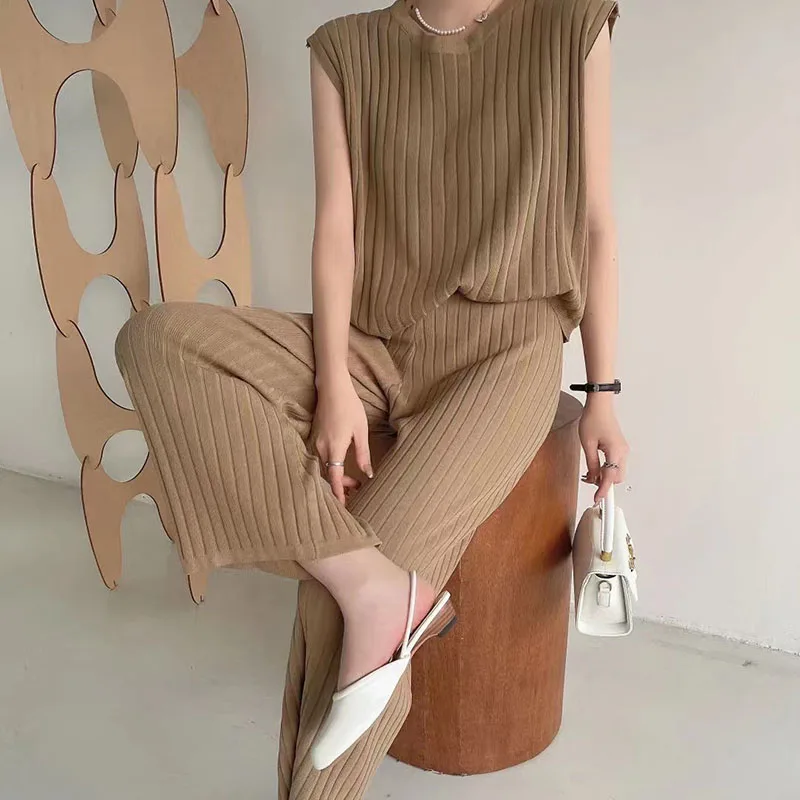 Simple O-neck Sleeveless Pullover Vest+wide Leg Pants Knitted Womens Two Peice Sets 2023 Casual Loose Streetwear Trousers Suits