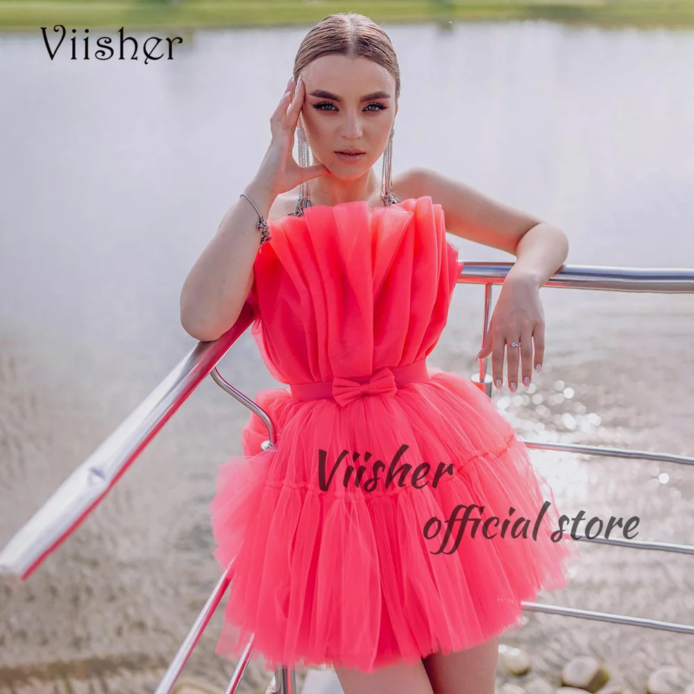 

Viisher Red Short Tulle Prom Party Dresses with Bow Pleats Strapless A Line Cocktail Dress Above Knee Celebrate Event Gowns