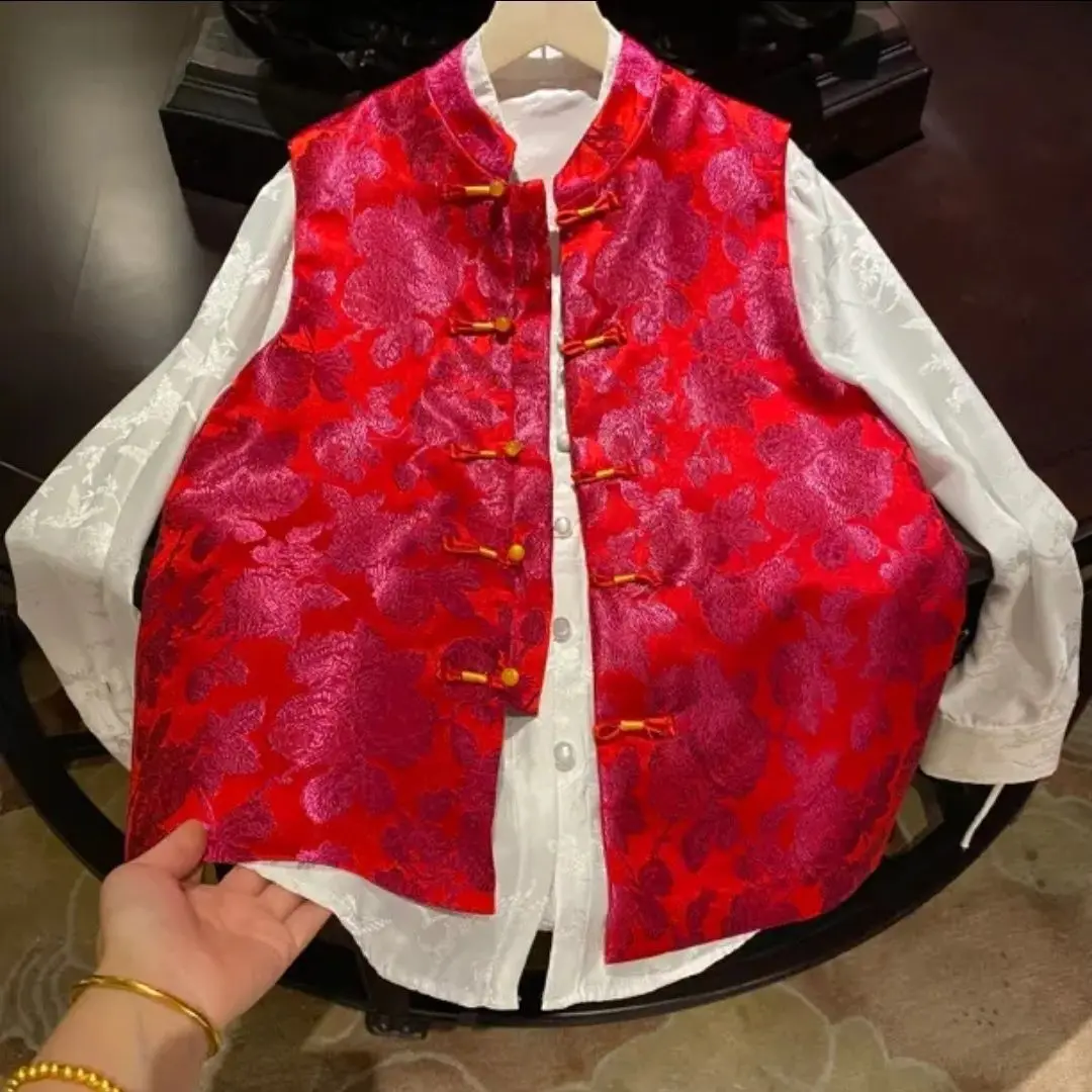 New Chinese Style Women Fashion Daily Vintage Floral Jacquard Oriental Vest Lady Graceful Tangsuits Versatile Vest Coat