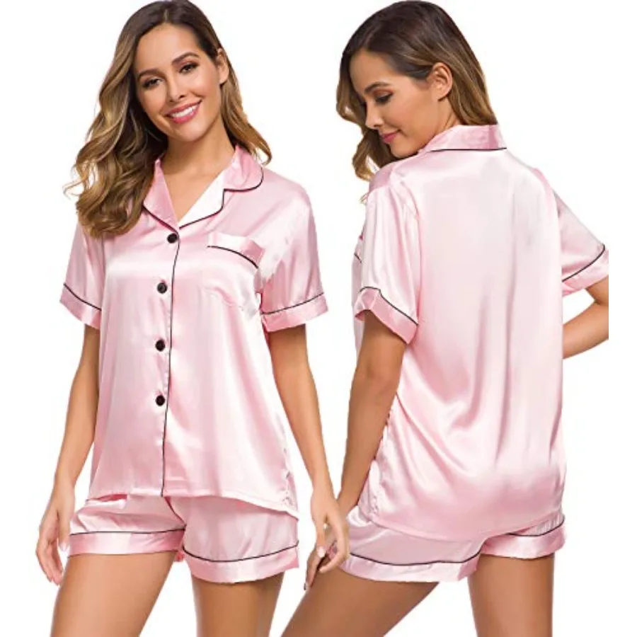 

SWOMOG Womens Silk Satin Pajamas Set Short Sleeve Sleepwear Button Down Top and Shorts Loungewear 2 Pcs Pjs Set XS-3XL